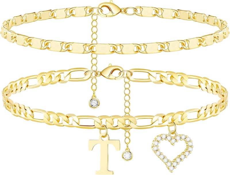 Wremily Initial Ankle Bracelets for Women Waterproof 14K Gold Plated Dainty Layered Figaro Chain Letter Initial CZ Heart Ankle Bracelets Set Summer Beach Jewelry for Women - Image 1